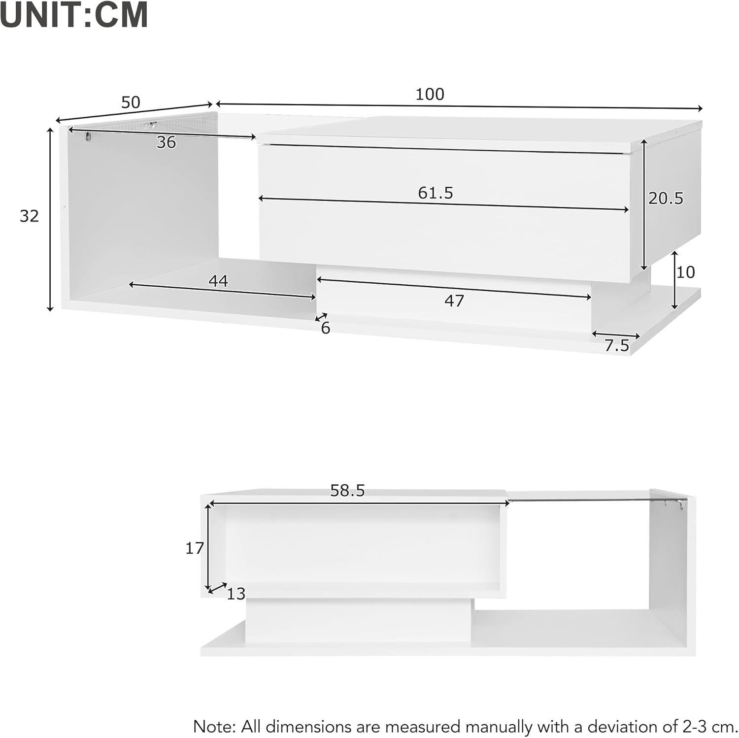 LED High Gloss Coffee Table with Drawer & Storage, Modern Glass Center Table