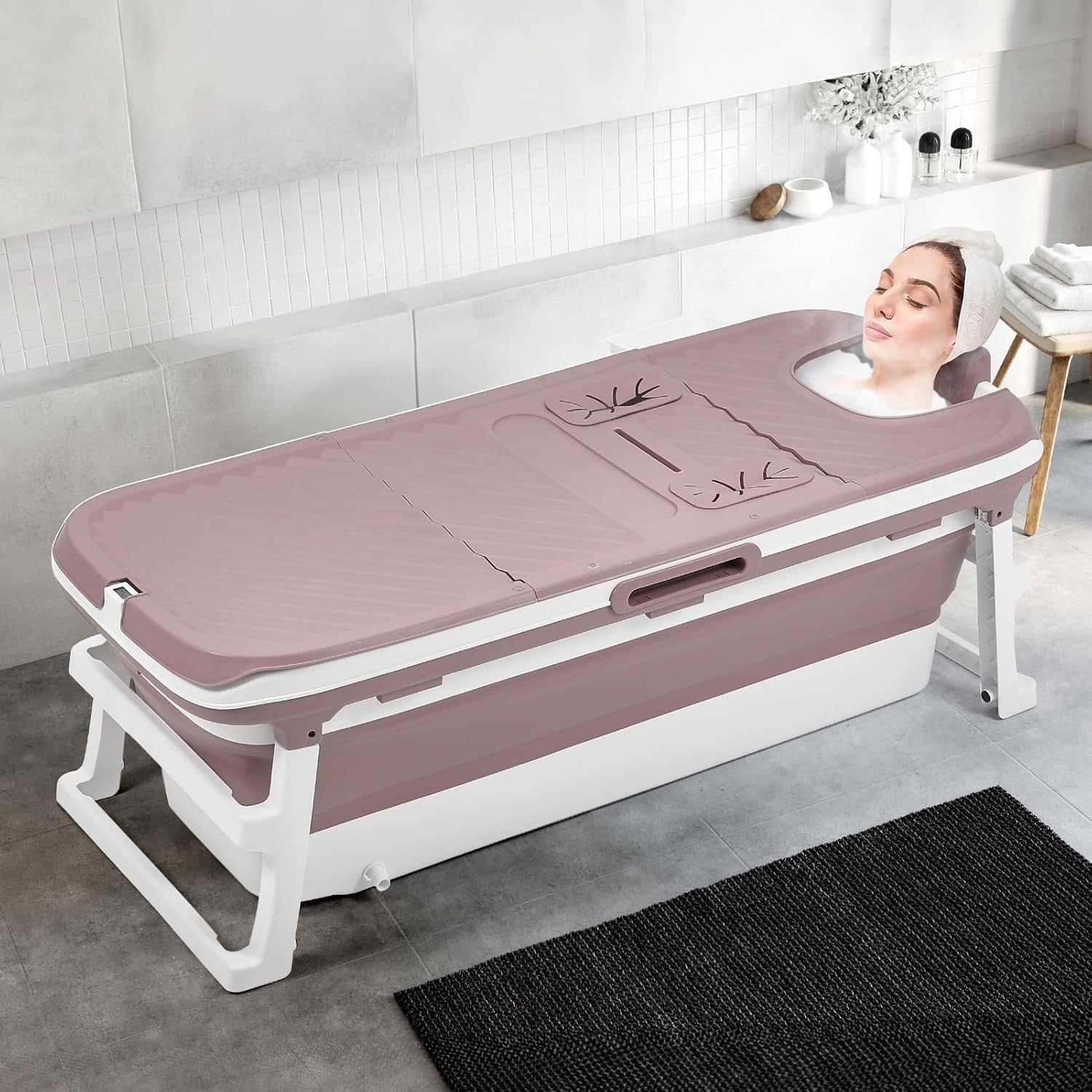 Portable Foldable Adult Bathtub 153x54x61cm Pink Spa & Steam Bath with Lid