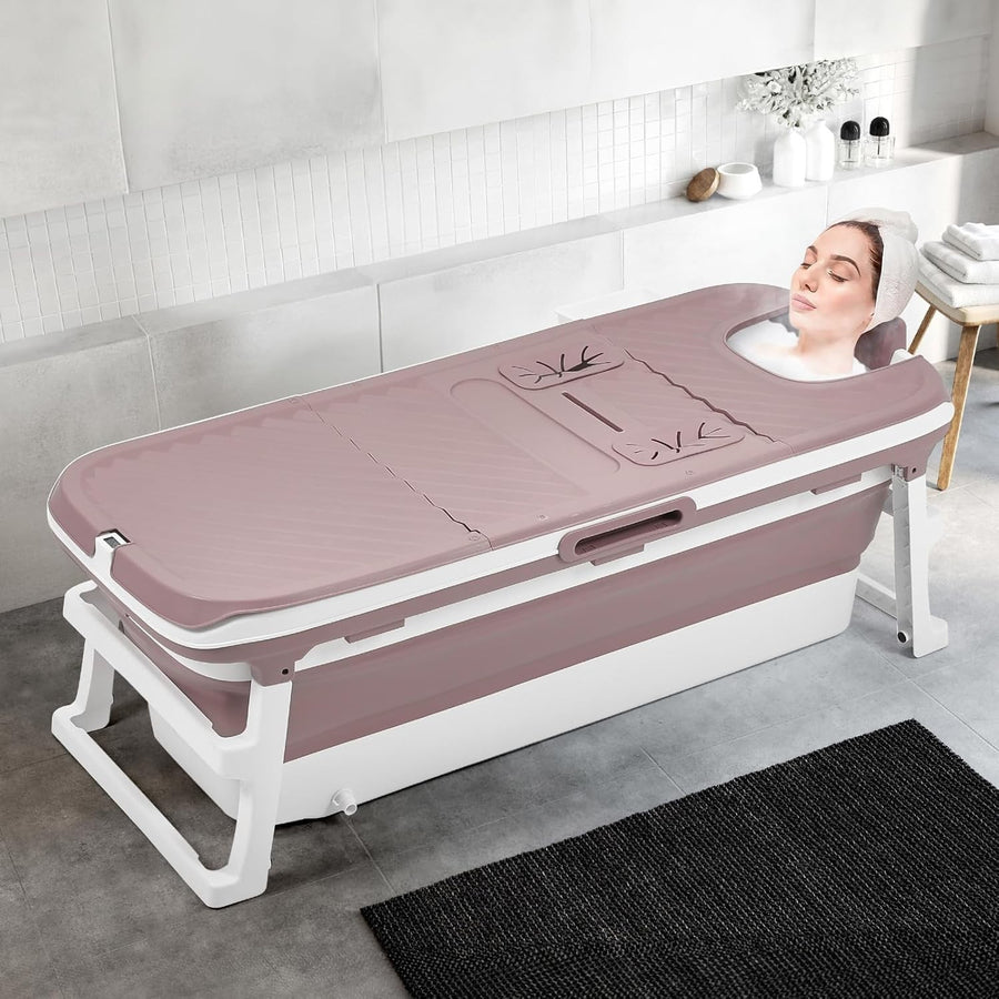 Portable Foldable Adult Bathtub 153x54x61cm Pink Spa & Steam Bath with Lid