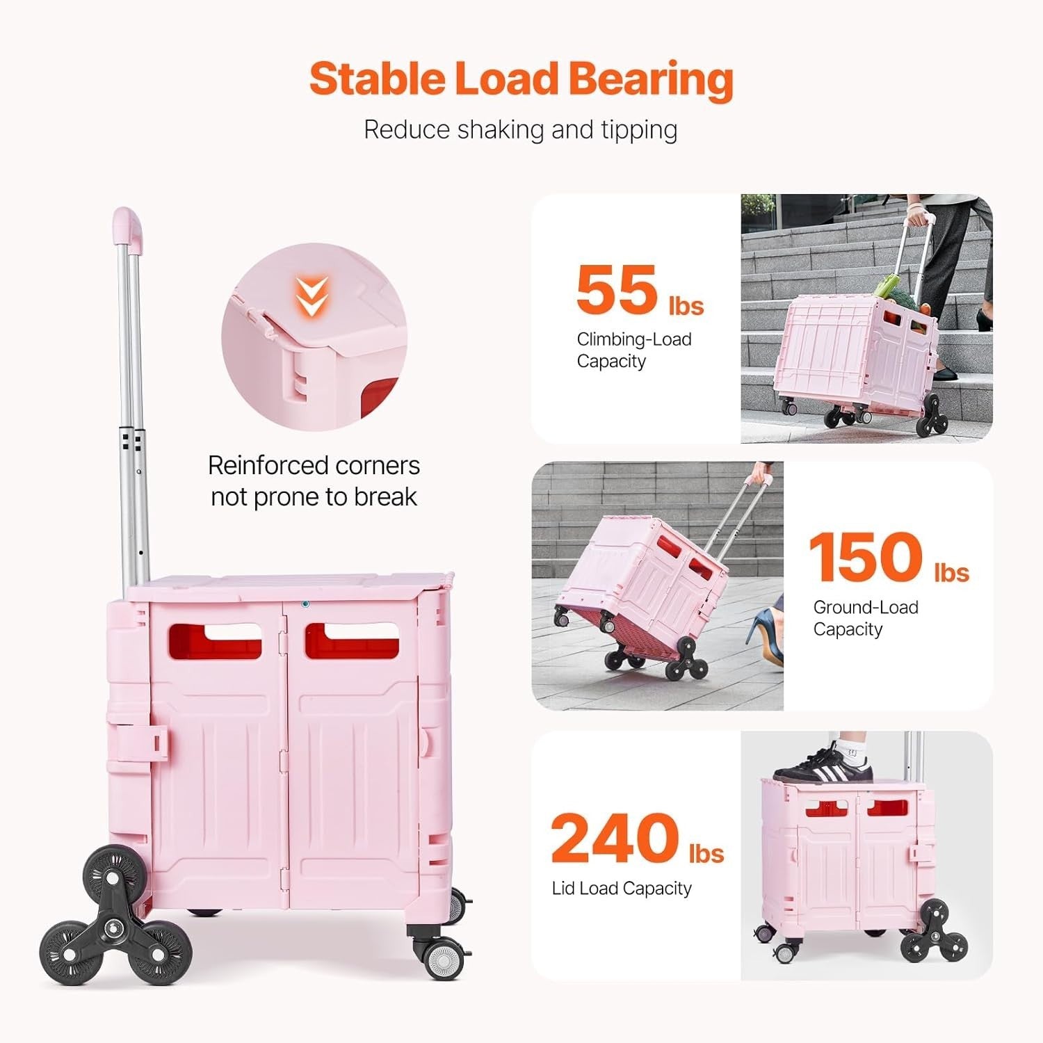 Foldable 65L Utility Cart Stair Climber Wheels Portable Pink