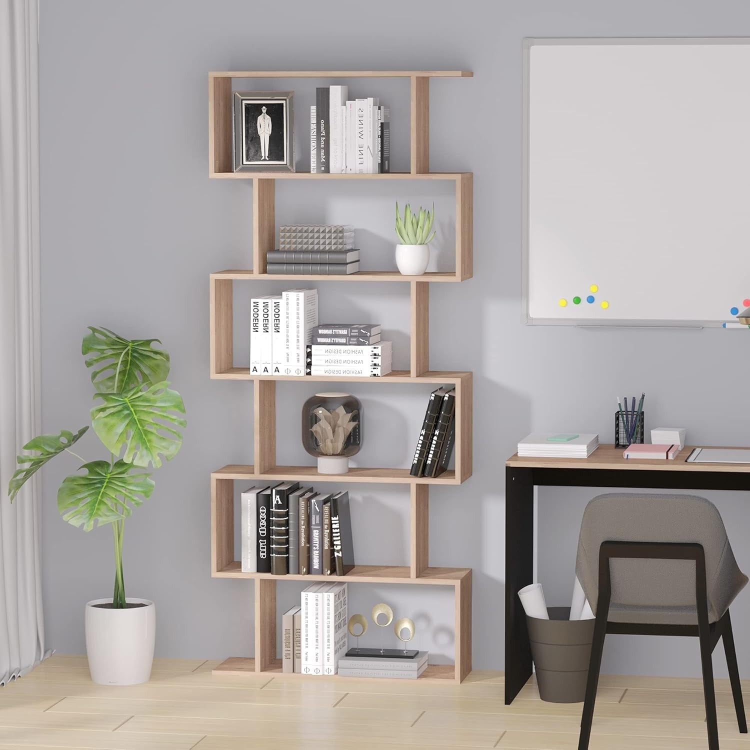 Modern S-Shape 6-Tier Bookcase Maple Wood Room Divider Display Shelf Unit