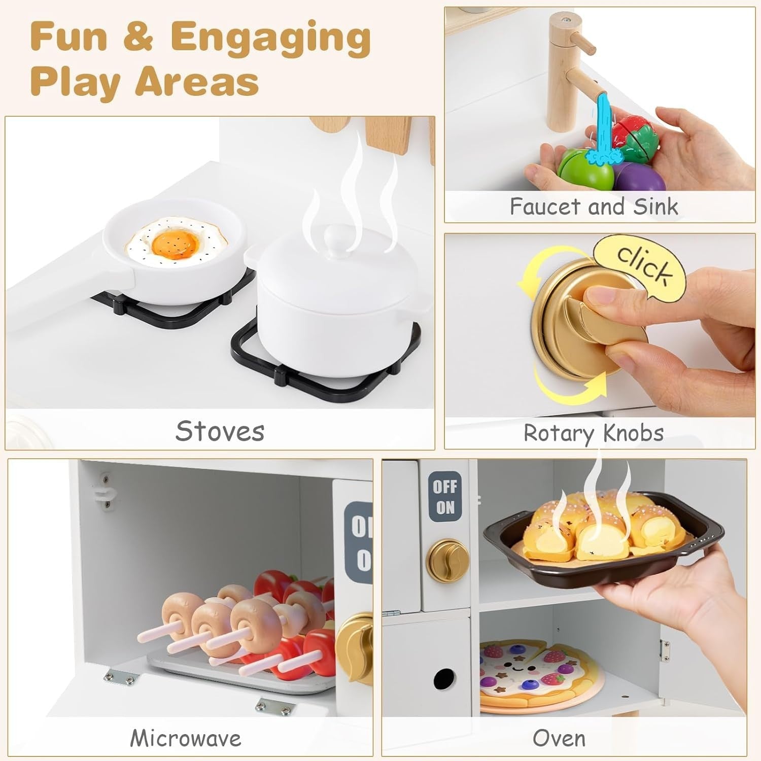 Kids Wooden Play Kitchen White Pretend Cooking Toy Set Accessories
