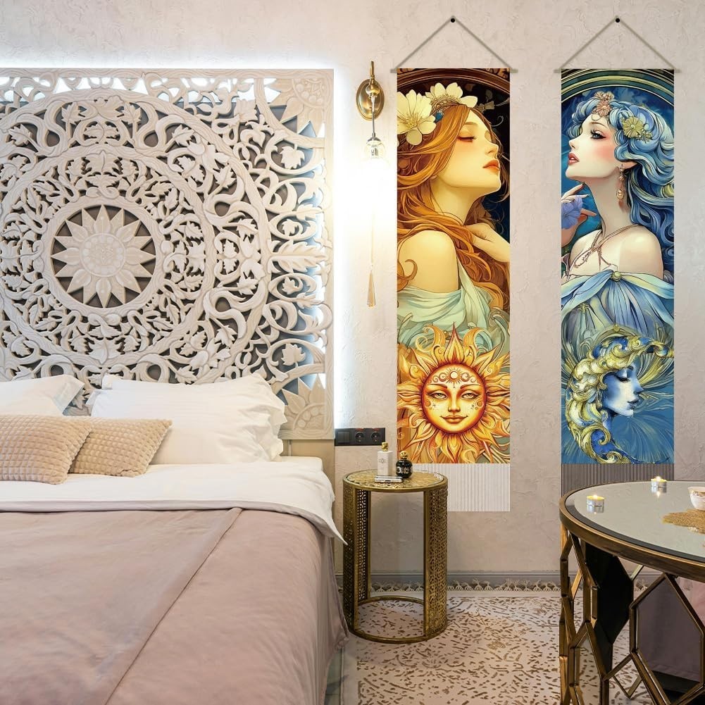 Boho Sun Moon Woman Tapestry 2pcs 45.7x13in Vertical Wall Decor