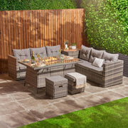 8 Seater Rattan Garden Sofa Set with Fire Pit Table & Footstools Grey