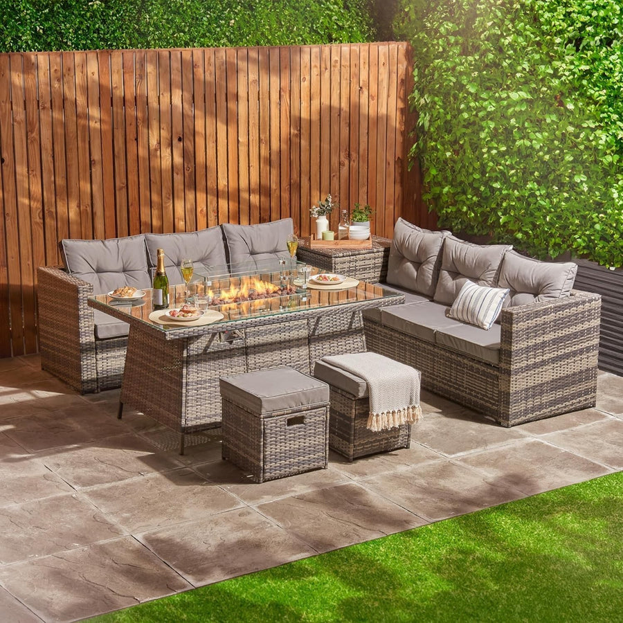 8 Seater Rattan Garden Sofa Set with Fire Pit Table & Footstools Grey