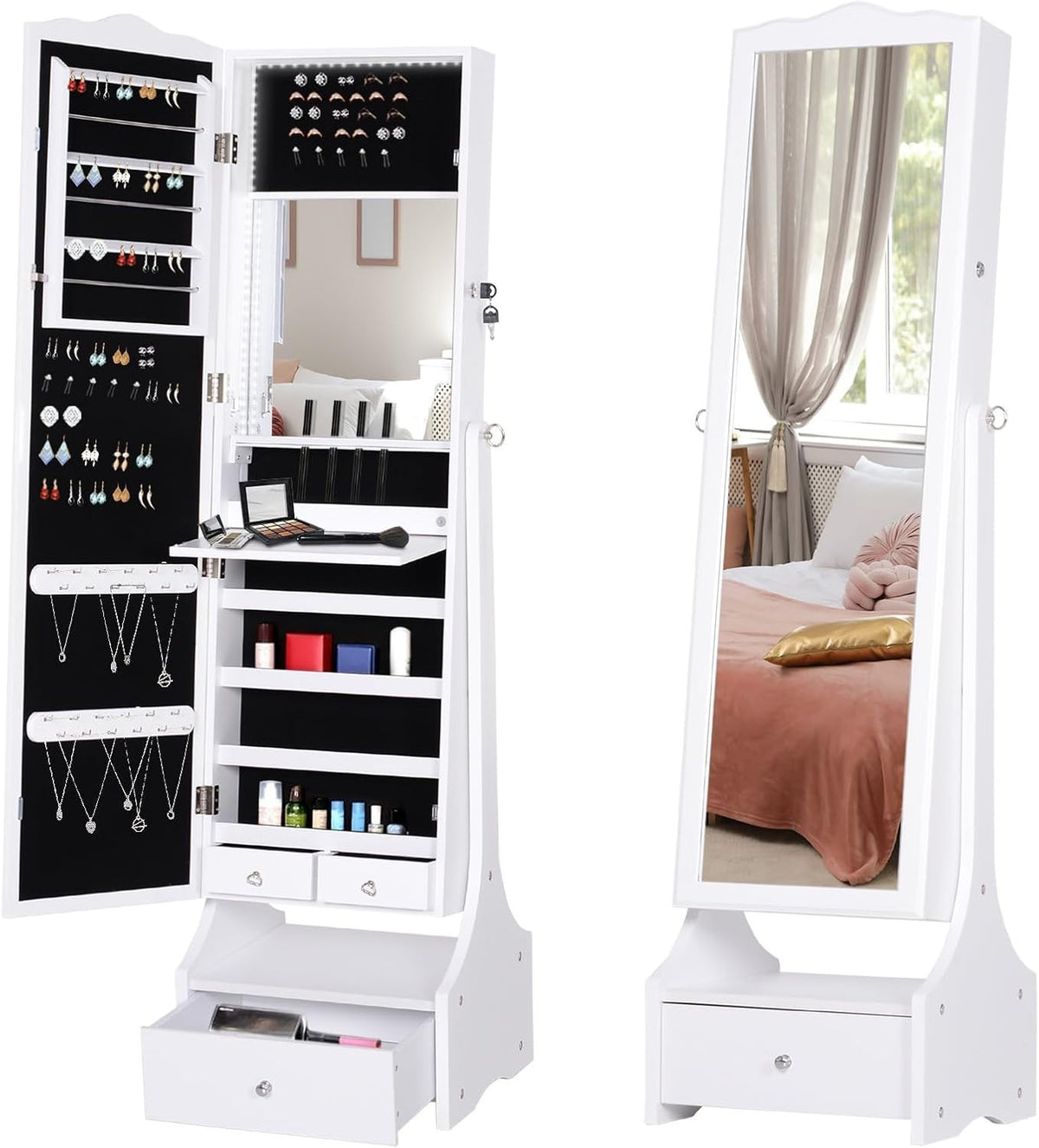 LED Mirror Jewelry Cabinet Lockable Floor Standing Makeup Organizer White
