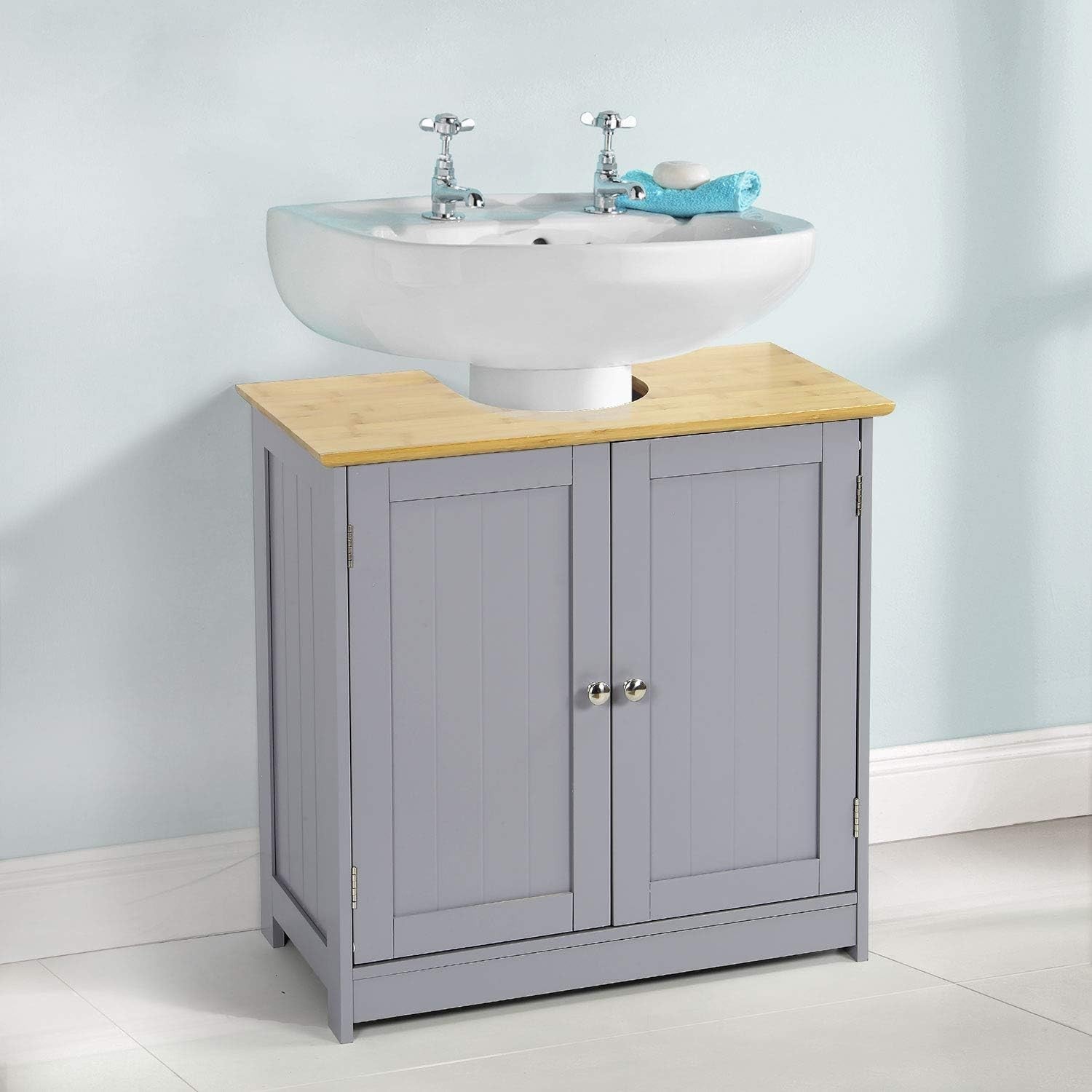 Modern Grey Bathroom Vanity Unit Bamboo Top Under Sink Storage Cabinet
