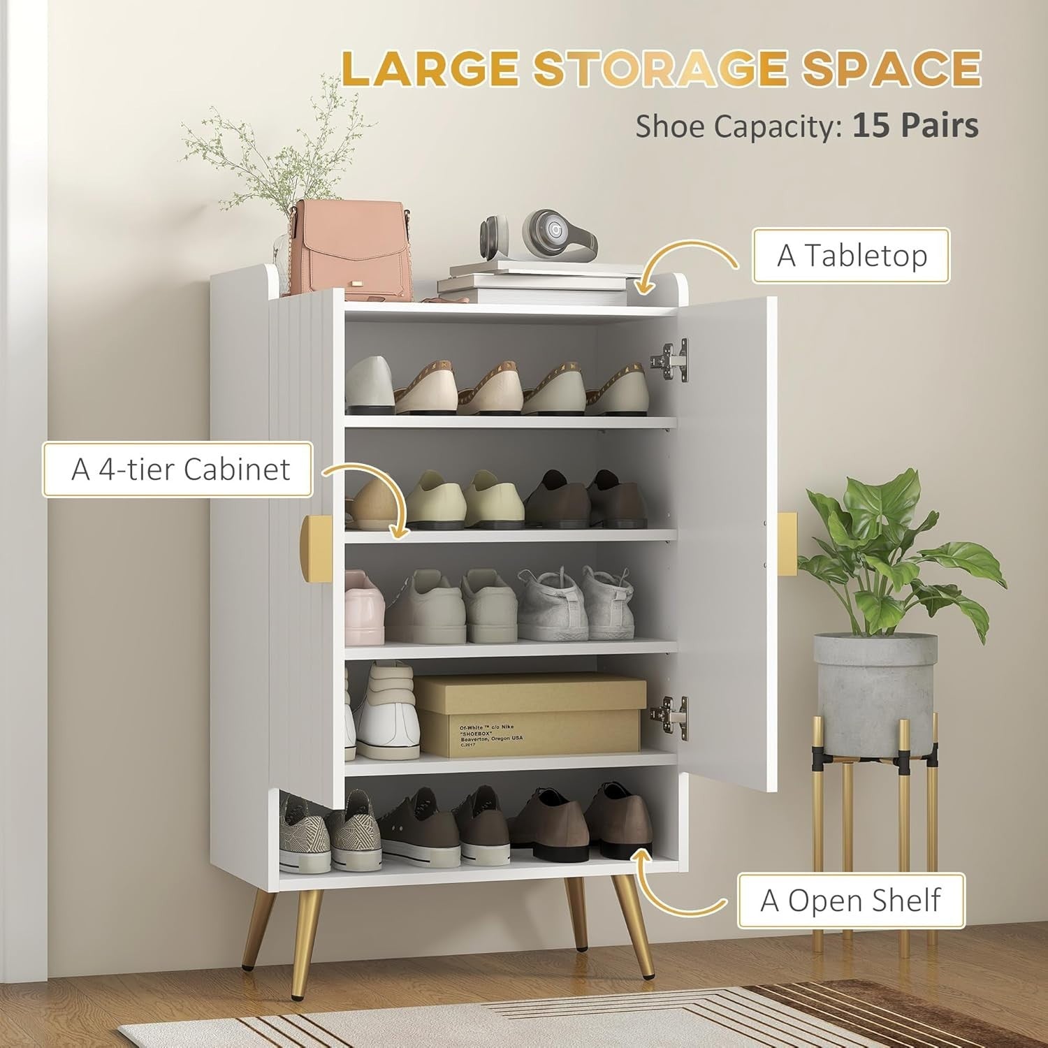 Modern 15-Pair Shoe Cabinet with Adjustable Shelves & Storage, 100x60x33cm White
