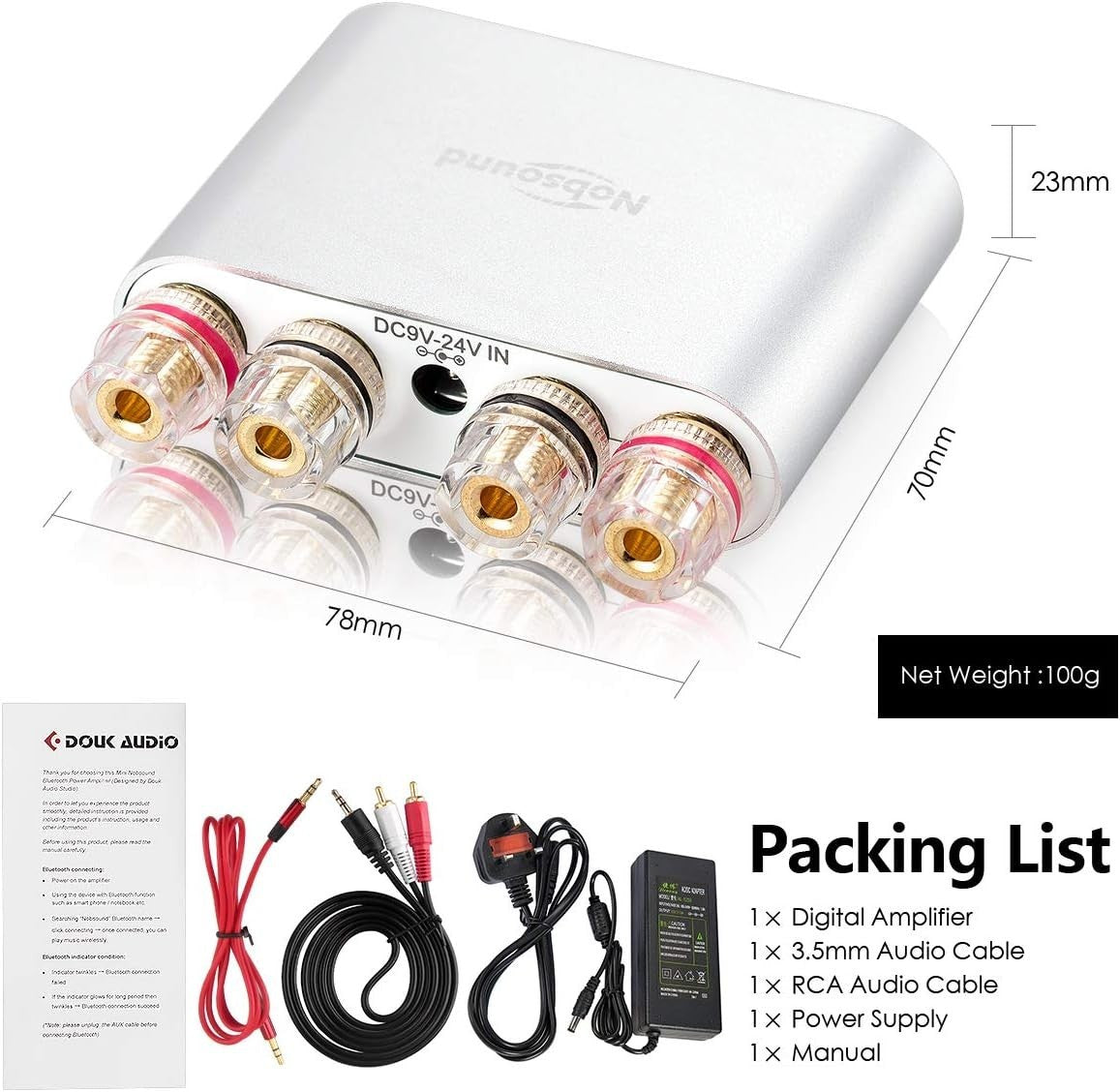 100W Bluetooth 5.0 Stereo Amplifier HiFi DSP 2 Channel 24V