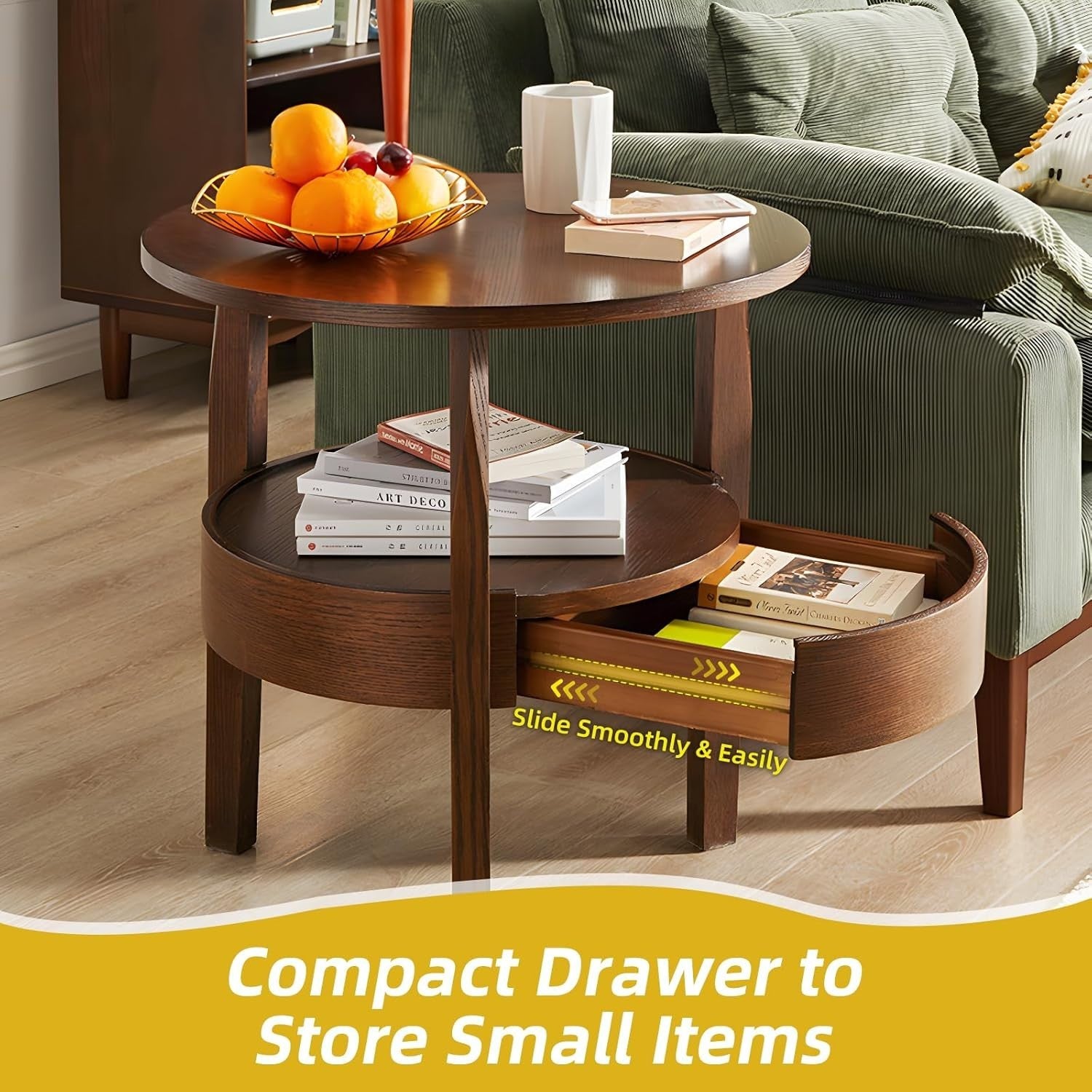 Natural Oak Round Coffee Table with Hidden Drawer – 50x40x50cm Storage