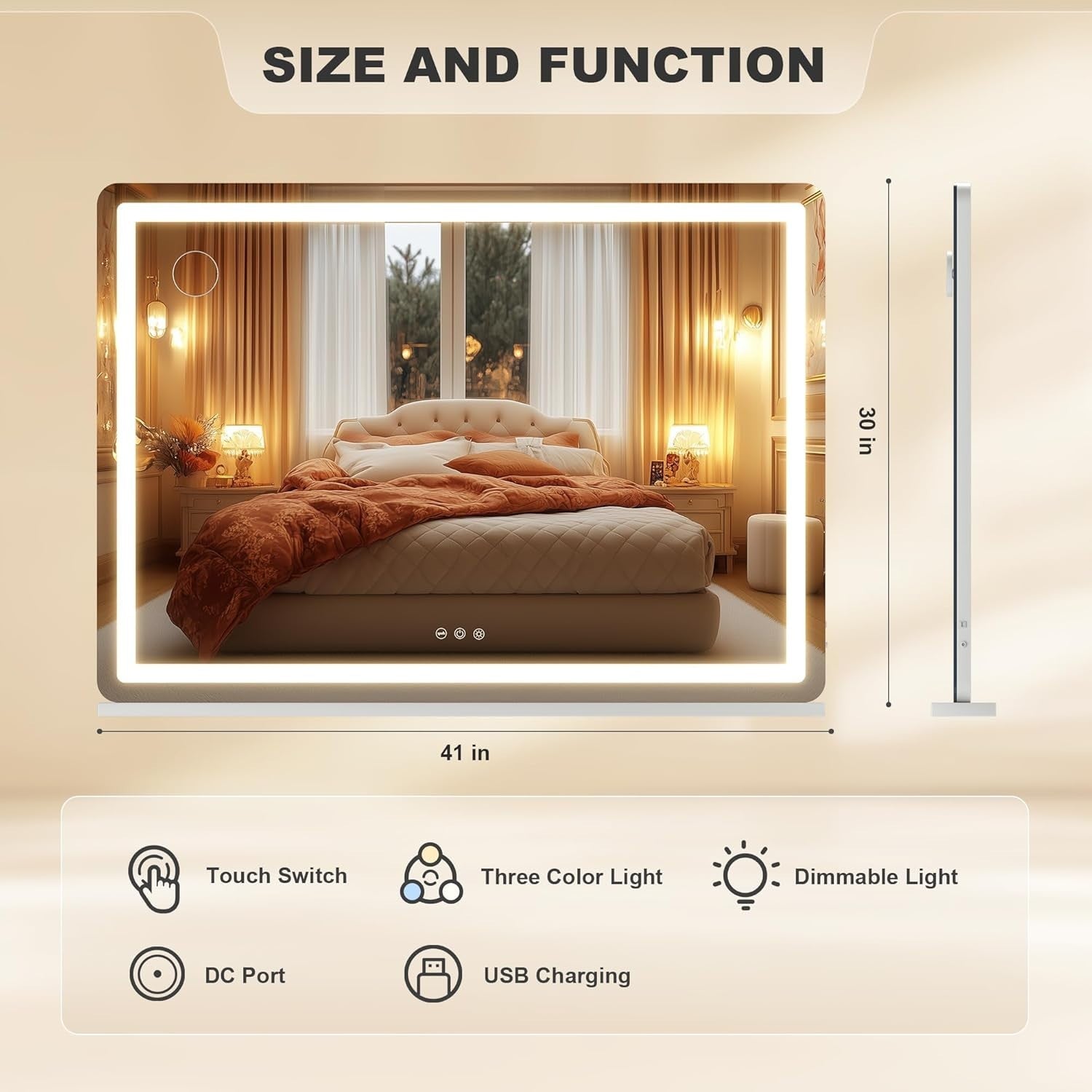 LED Vanity Mirror 105x75cm Dimmable Makeup Light with Touch Control