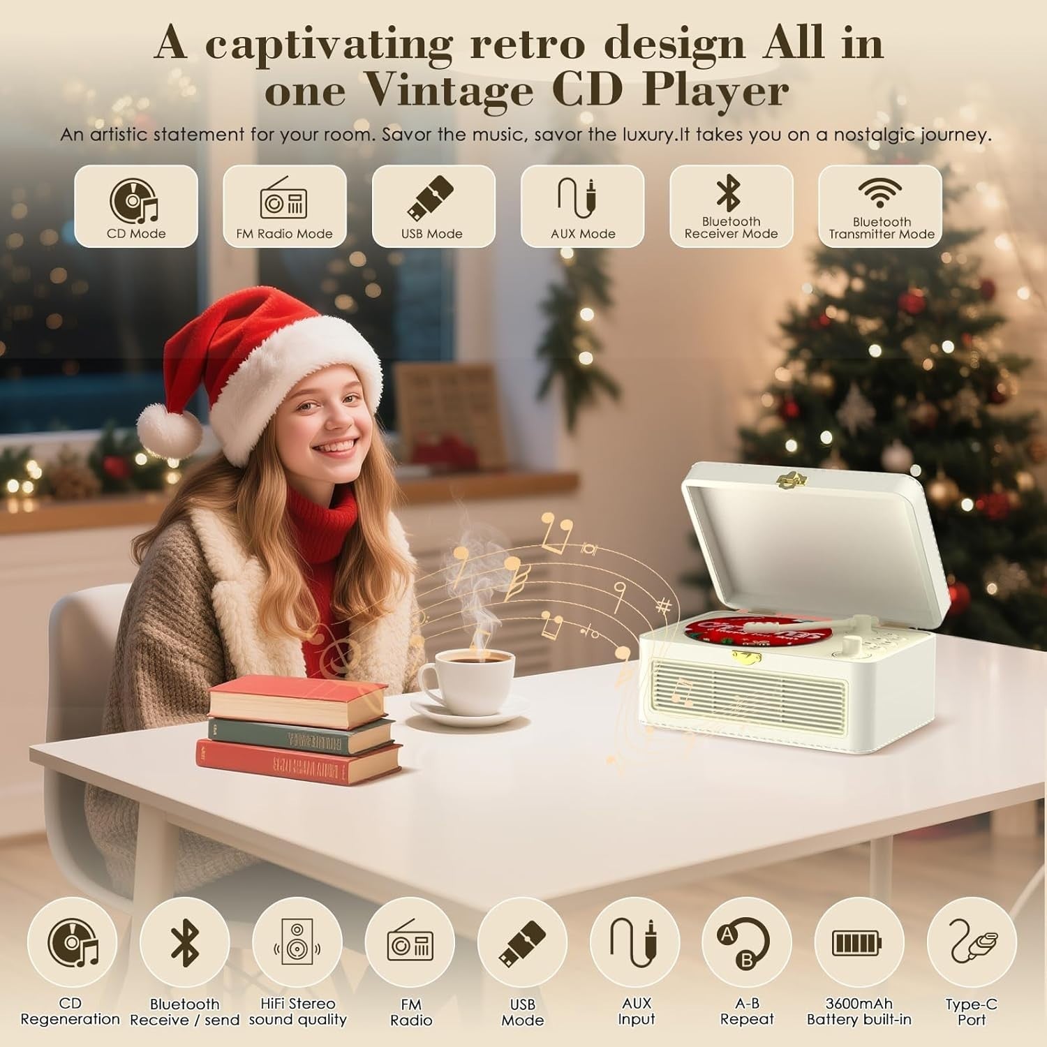 Retro Bluetooth CD Player FM Radio USB AUX HiFi Speakers White PU