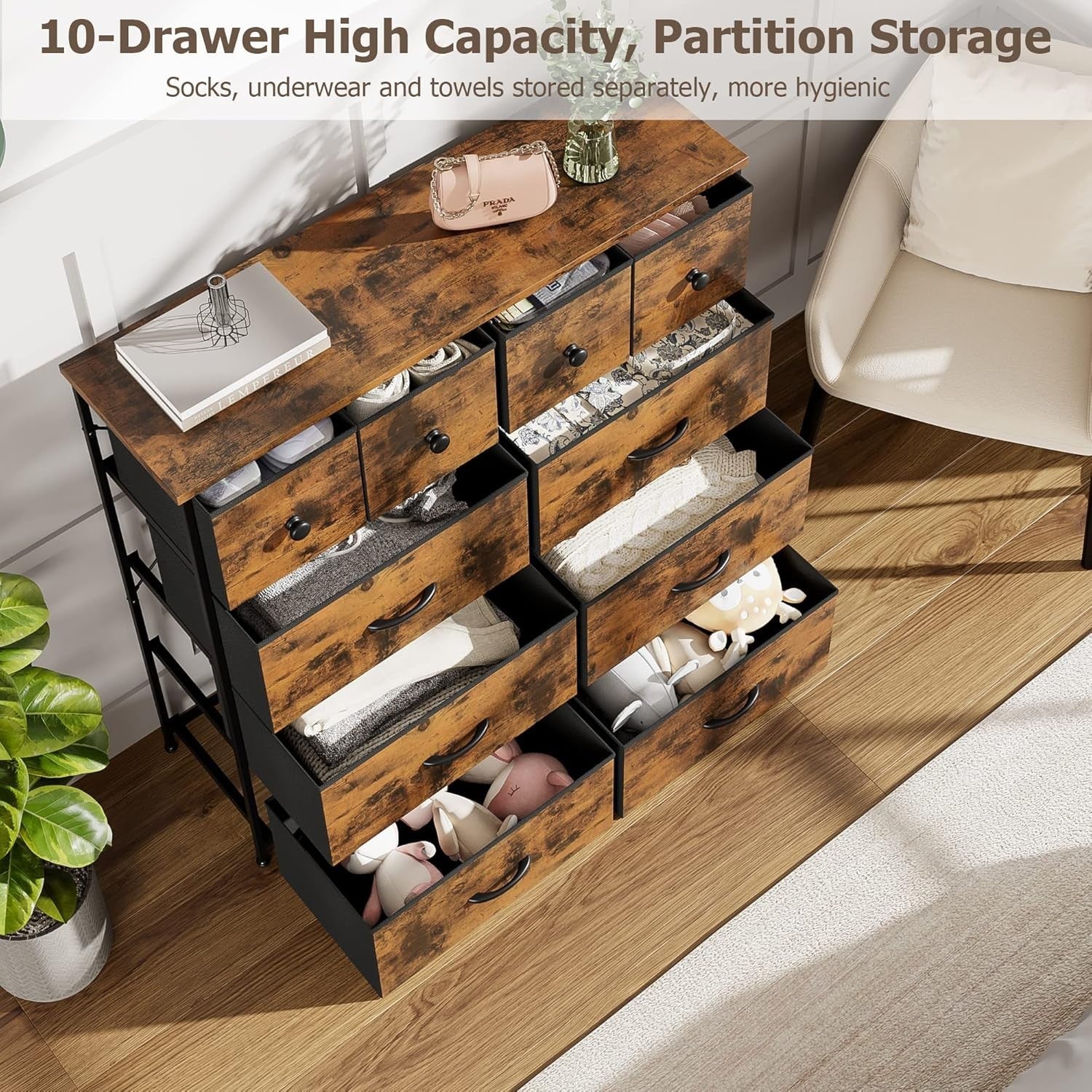 Rustic Tall Chest of 10 Drawers Storage Unit for Bedroom Hallway Closet