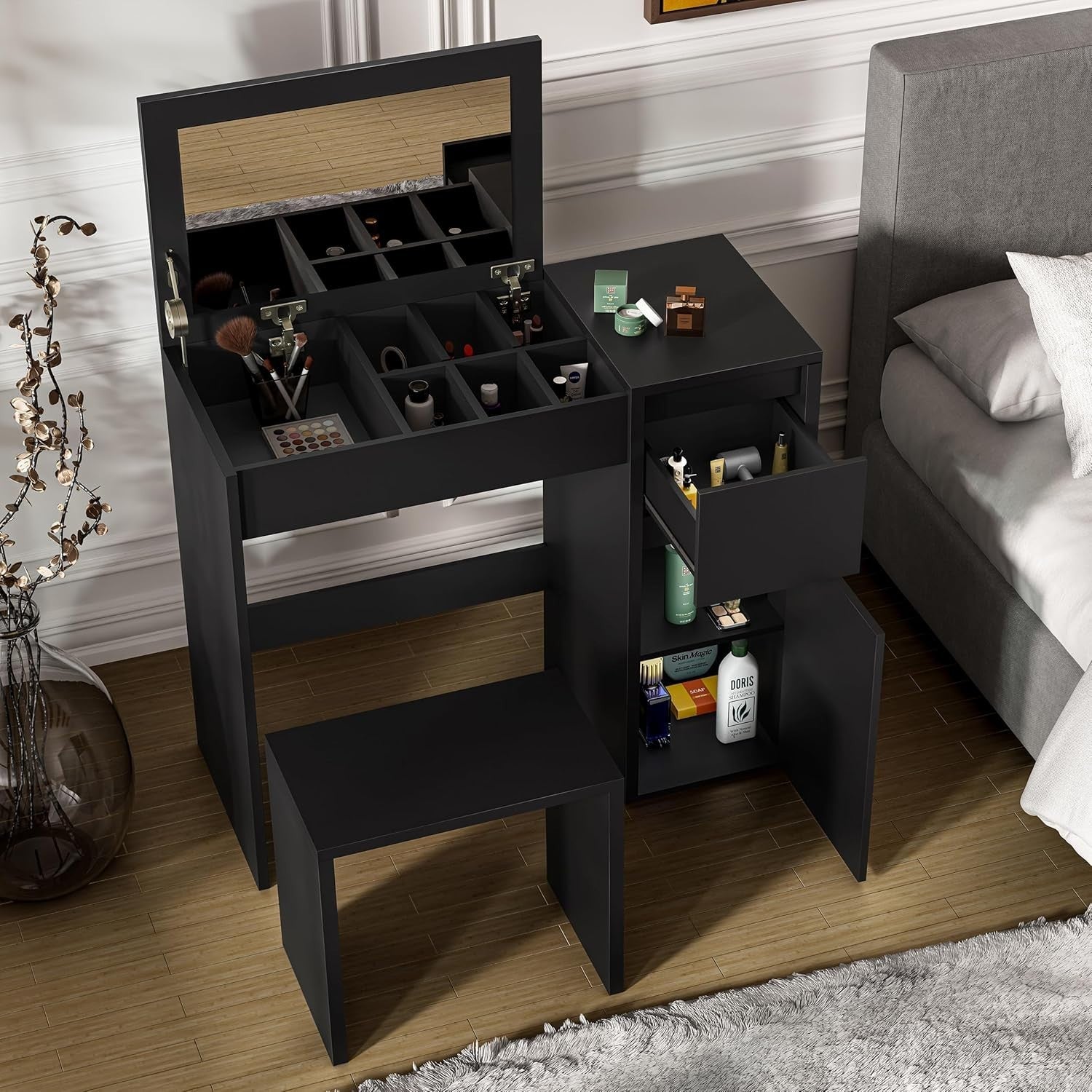 2-in-1 Black Dressing Table Flip Top Mirror Vanity Desk Makeup Storage 81cm