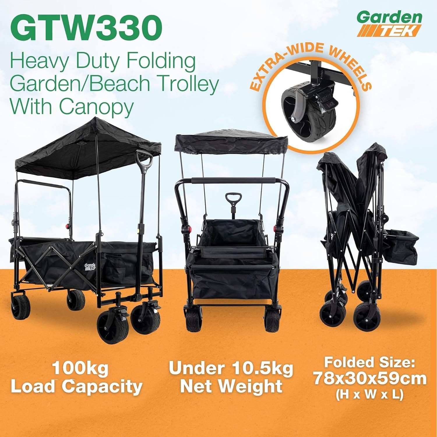 120L Folding Garden Trolley Wagon Cart With Canopy & Brakes Outdoor