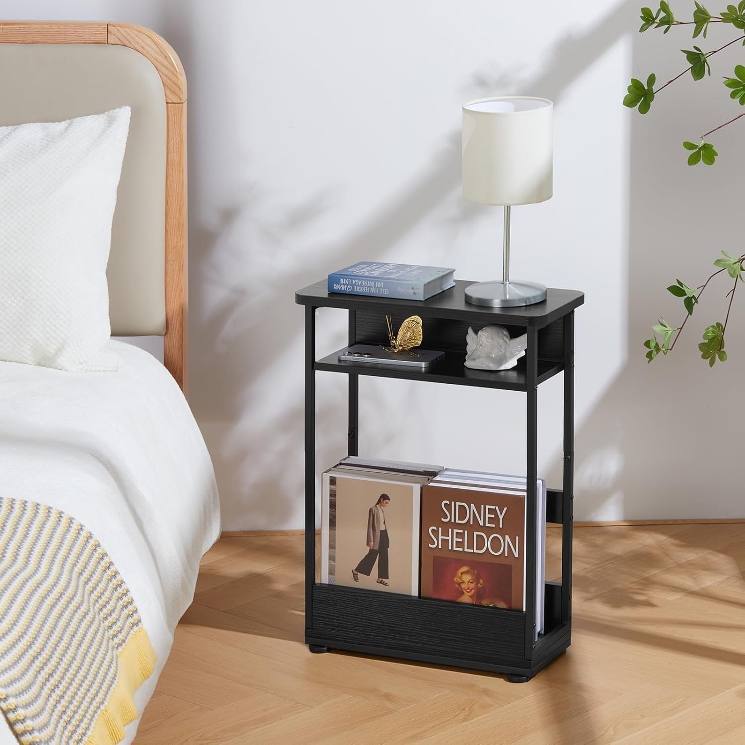 Slim Black Side Table for Small Spaces – 3-Tier Storage Bedside Unit 55cm