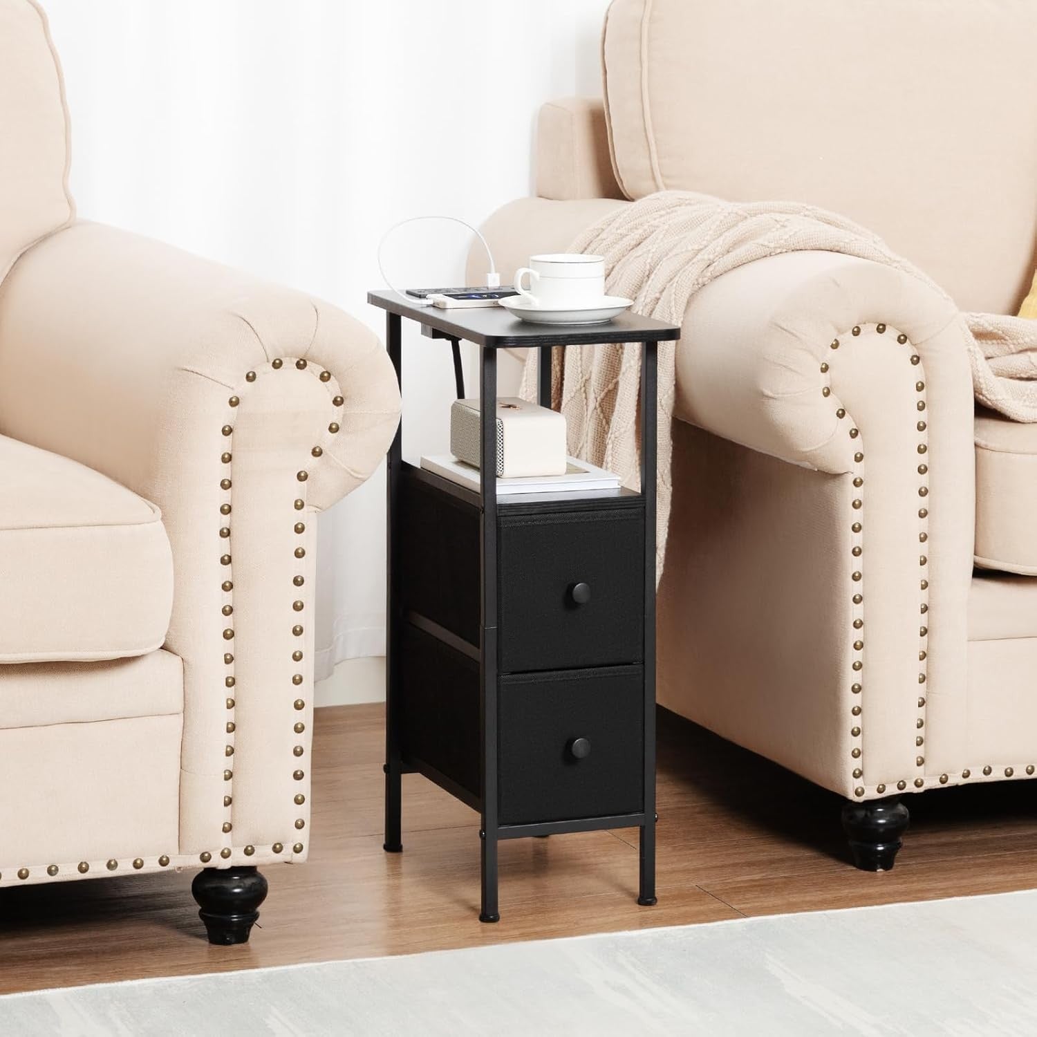 Slim Bedside Table with USB Charging, 2 Fabric Drawers & Open Shelf Black
