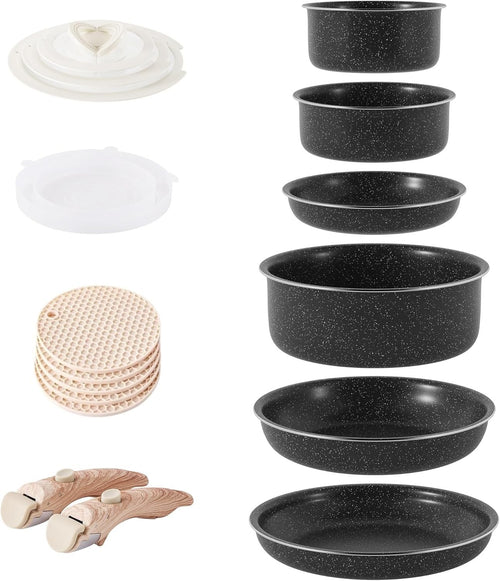 5Pcs Black Pots Pans Set with Glass Lids & Detachable Handle Induction Safe