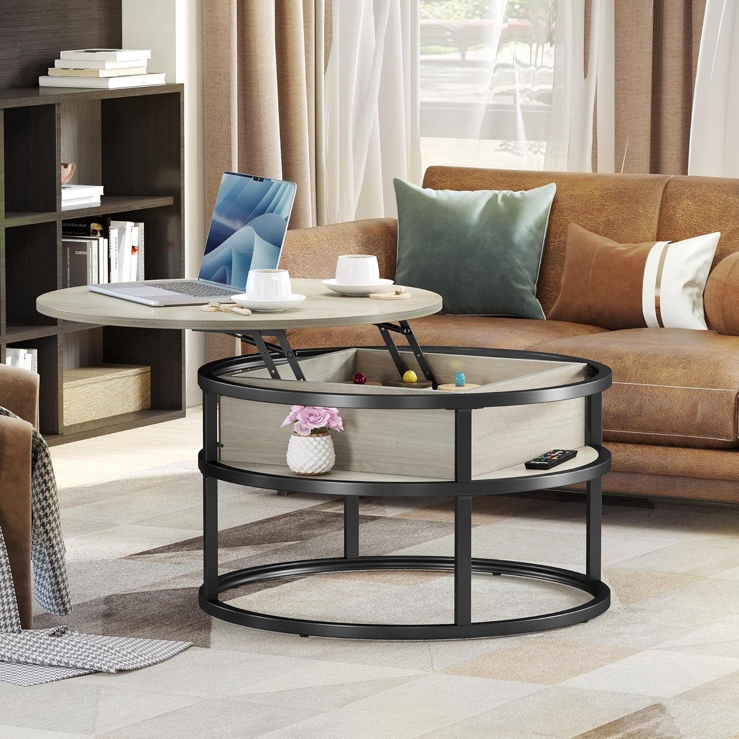 Lift Top Round Coffee Table White Oak 80x80x47cm with Hidden Storage