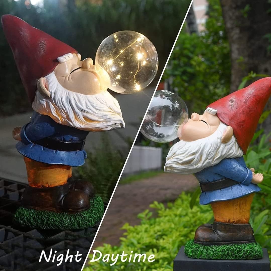 Solar Garden Gnome Bubble Blowing Statue LED Outdoor Lawn Patio Ornament 22cm