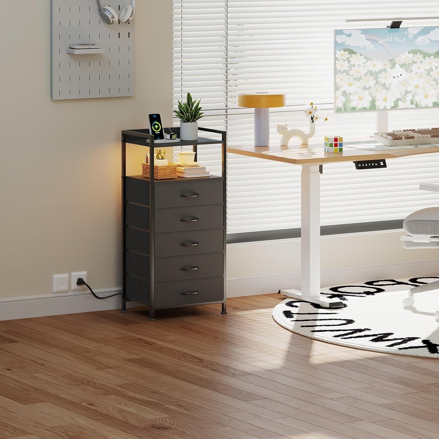 Tall Black LED Bedside Table with Charging Ports 5-Drawer Modern Storage Unit