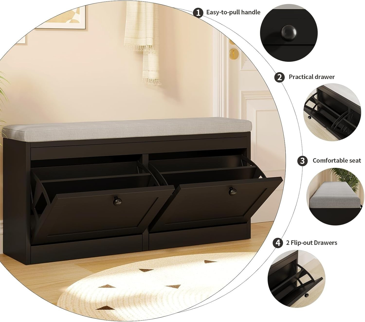 Black Flip Drawer Shoe Storage Bench with Padded Seat & Adjustable Shelves