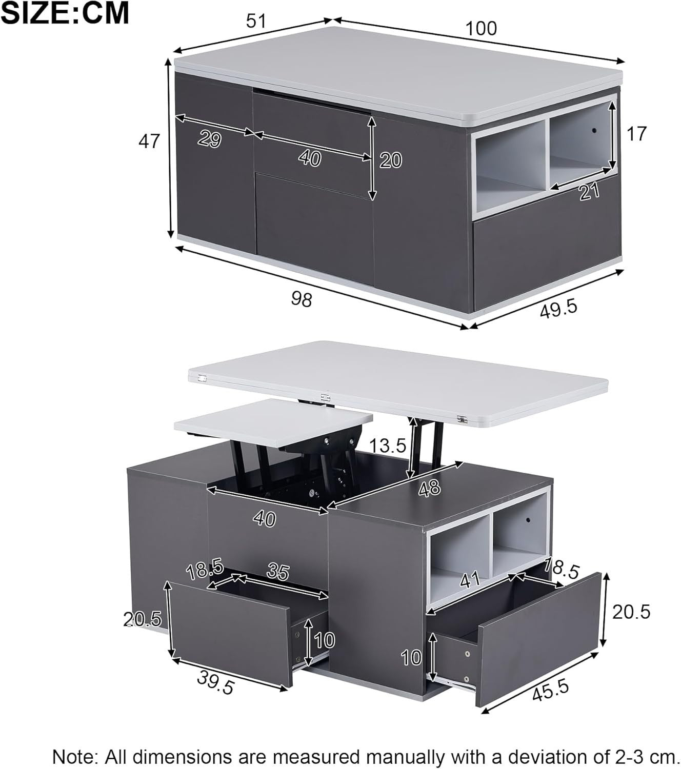 Lift-Top Coffee Table with 3 Drawers & Storage, Grey 100x51x47cm