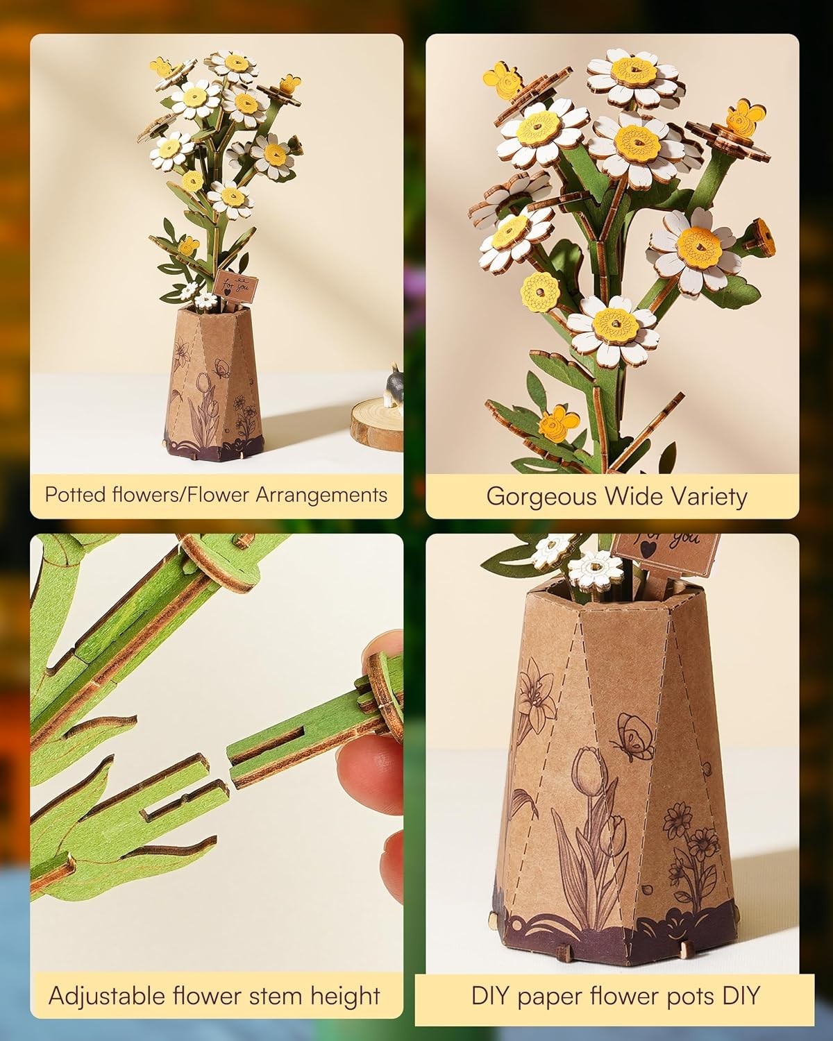 3D Wooden Flower Puzzle Kit Chamomile Home Decor Gift DIY Relaxing Craft