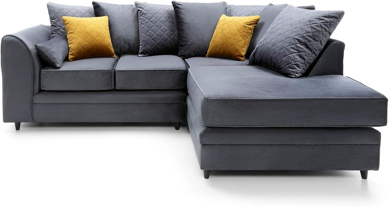 Dark Grey Right Hand L Shape Corner Sofa Velvet Water-Repellent Plush Comfort