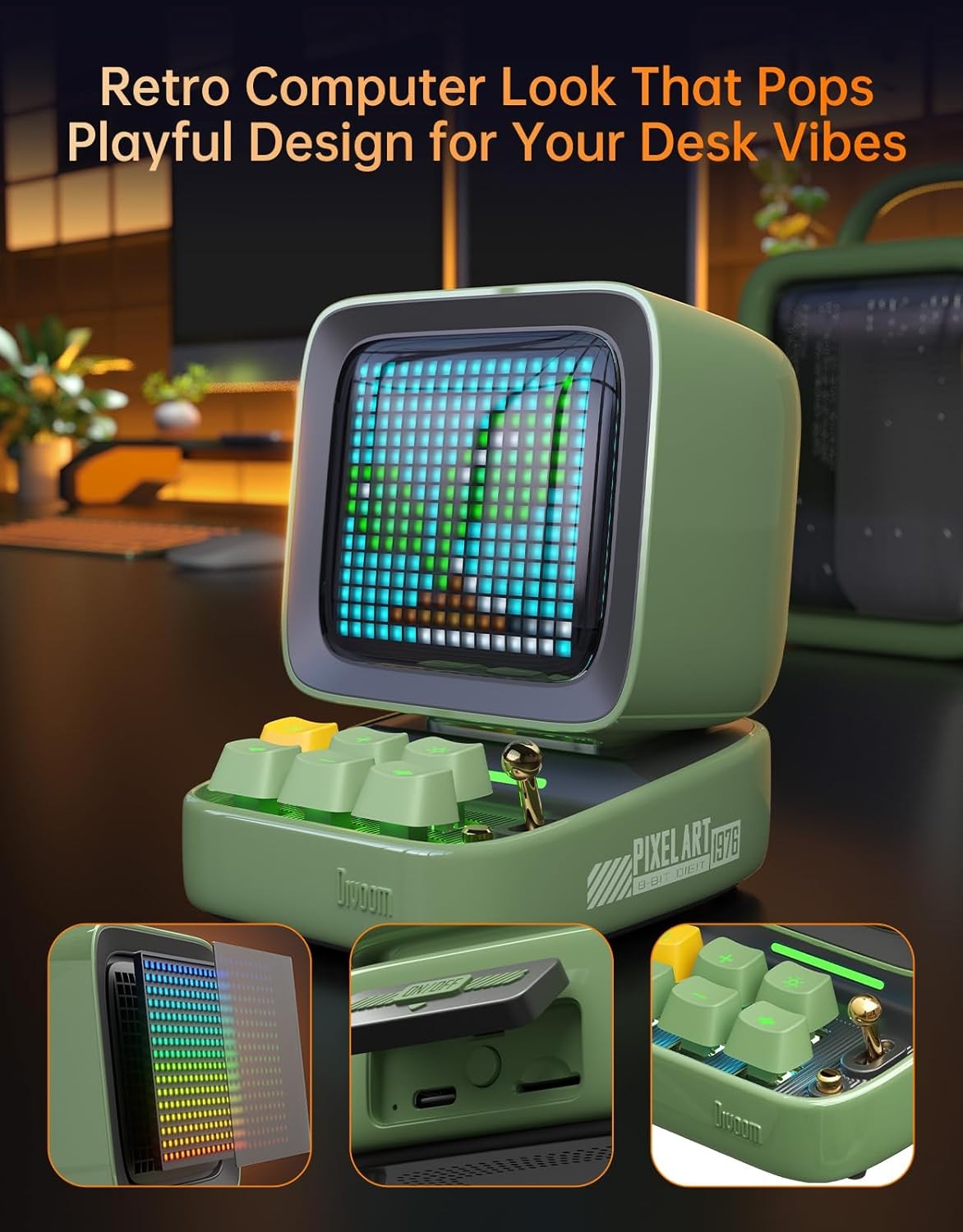 Bluetooth Pixel Art Speaker Alarm Clock LED Display 10W Green Retro Cube