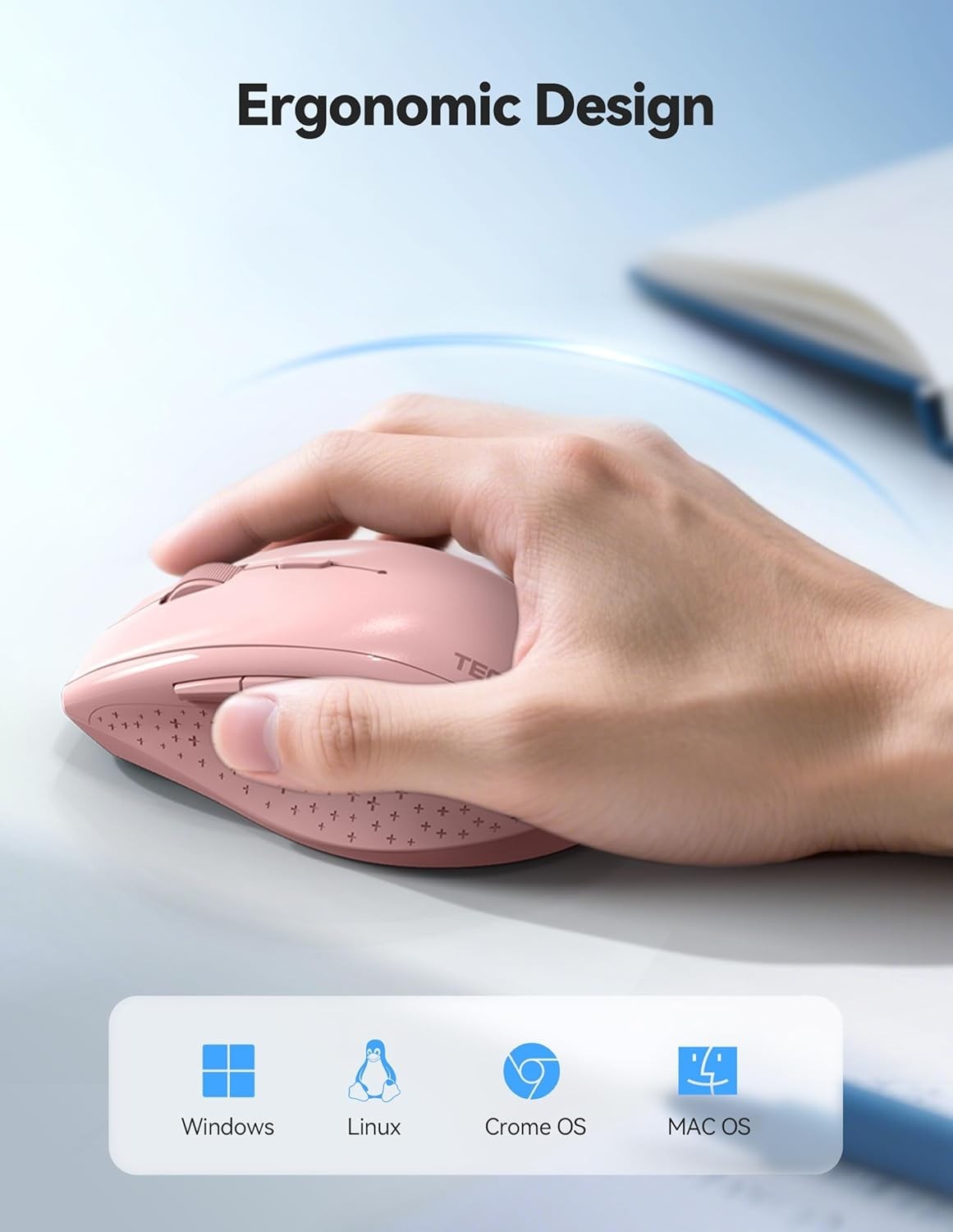 Pink Rechargeable Wireless Mouse 6400 DPI Silent Ergonomic USB for Laptop PC