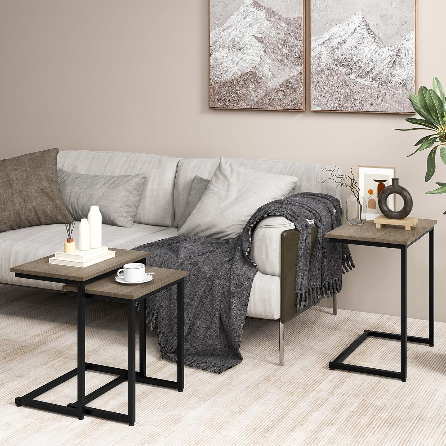 Nest of 3 C Table End Tables Stackable Coffee Side Laptop Sofa Tray Grey Oak