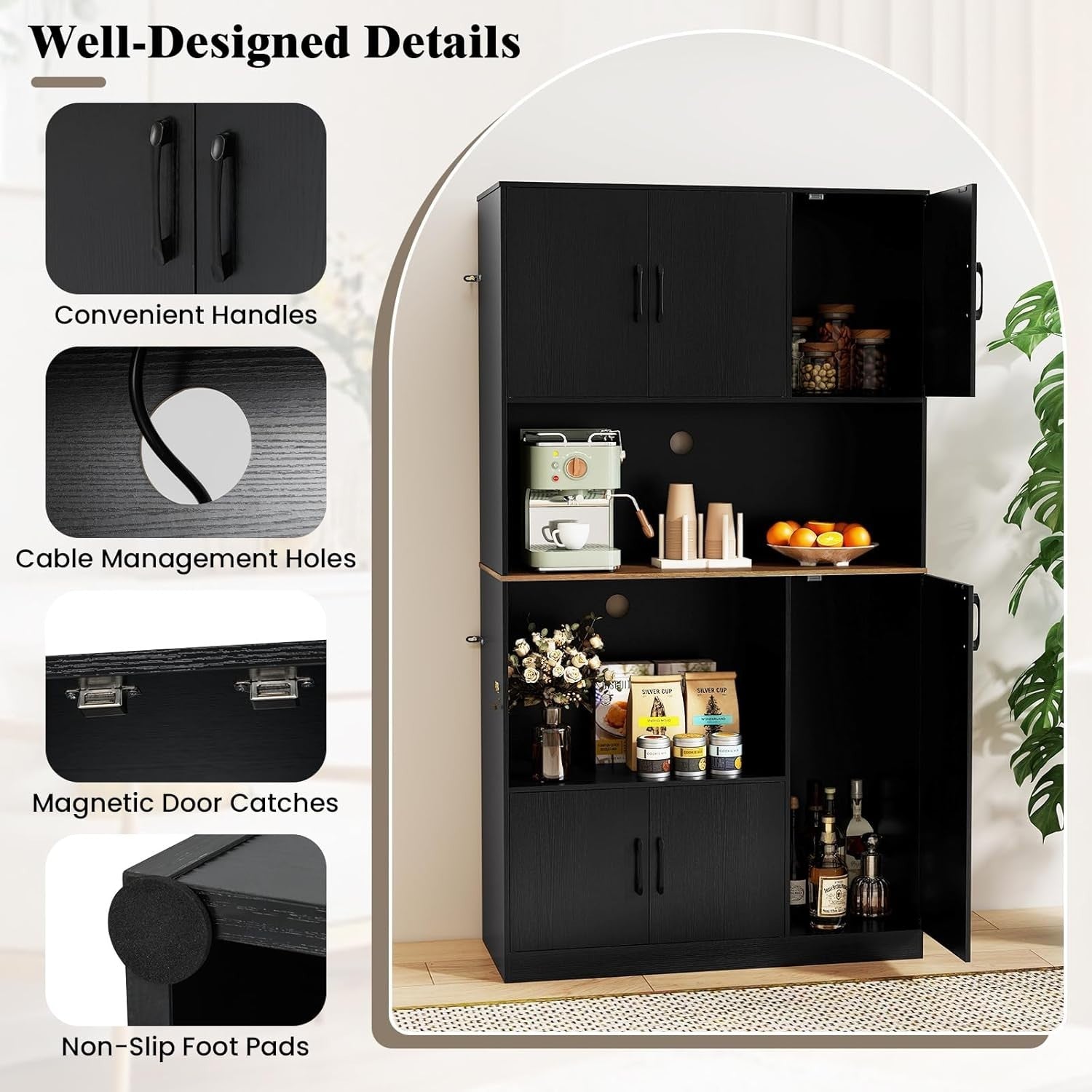 180cm Tall Kitchen Storage Cabinet 6-Door Pantry Black | Built-in Outlet