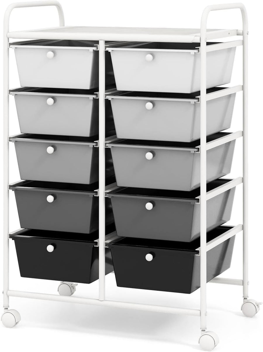 Gradient Black White 10 Drawer Rolling Storage Cart Utility Organizer