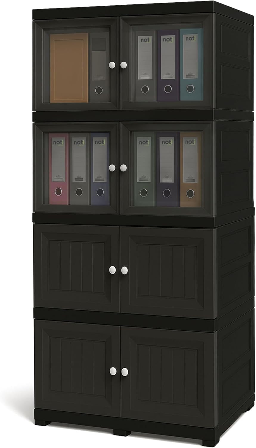 4 Tier Plastic Storage Cabinet | Grey Cupboard with Tinted Doors for Home Office