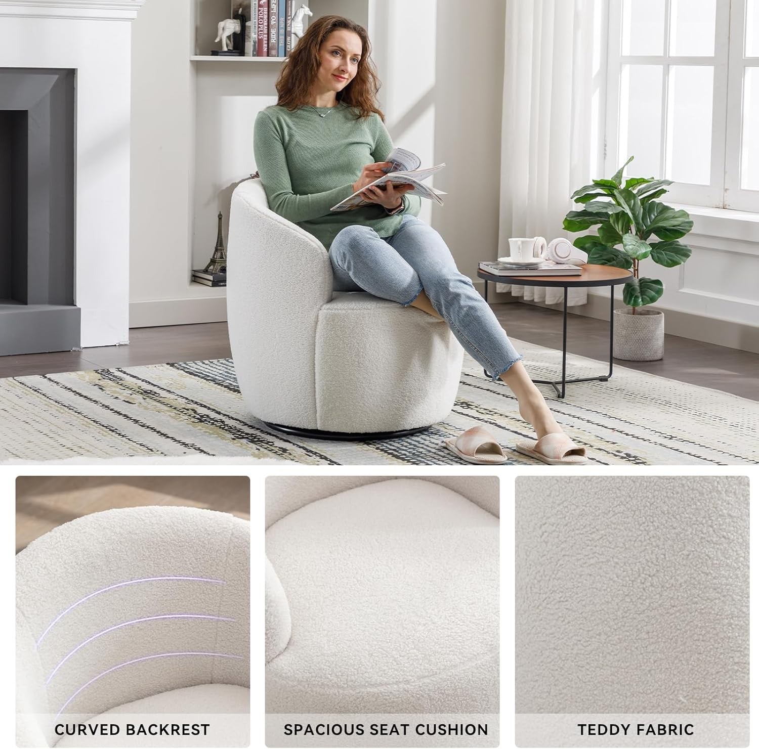 Ivory Teddy Swivel Cuddle Chair 360° Boucle Tub Armchair