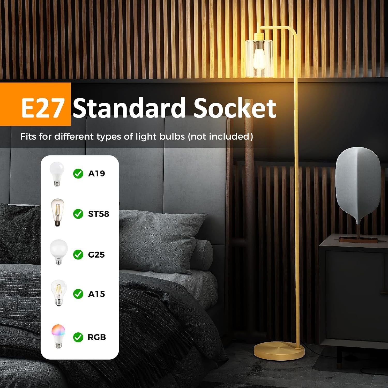 Gold Floor Lamp Hanging Glass Shade E27 Modern Standing Reading Light