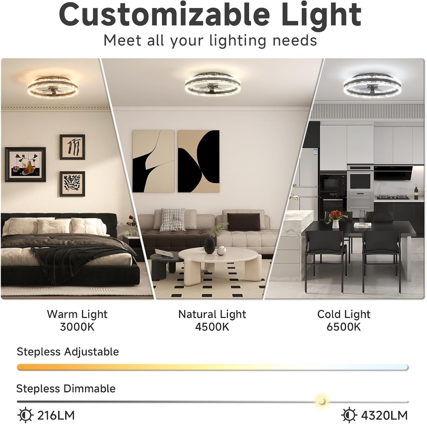 60CM Smart LED Ceiling Fan, 6 Speeds, Dimmable 3000-6500K, Black