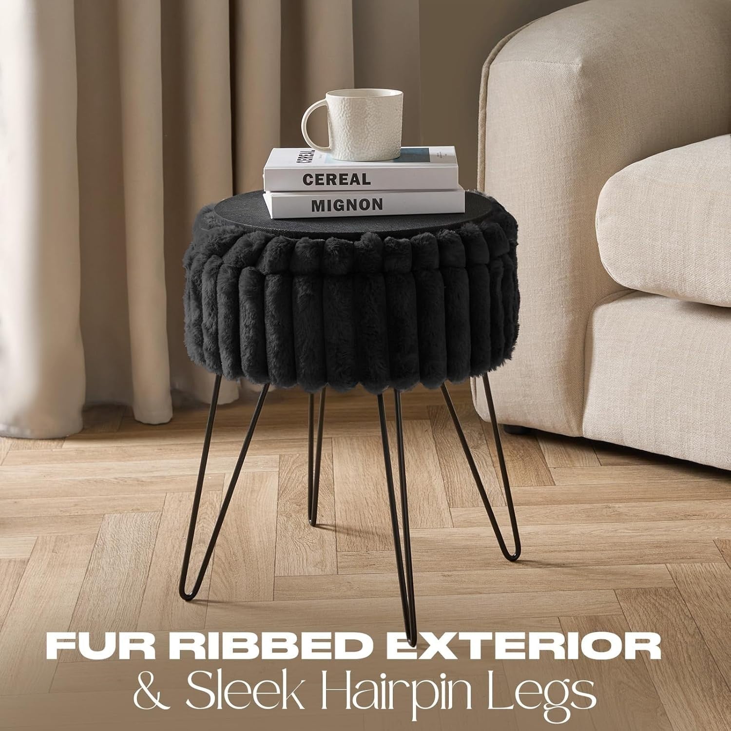 Black Faux Fur Storage Stool Round Footrest Hairpin Leg Ottoman Seat