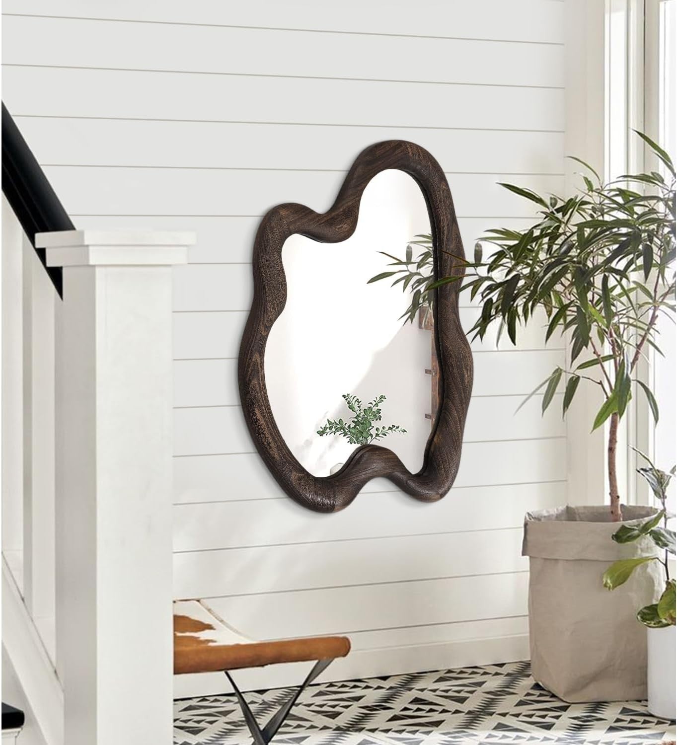 Large 80x60cm Irregular Wall Mirror Vintage Wood Frame for Bedroom Hall