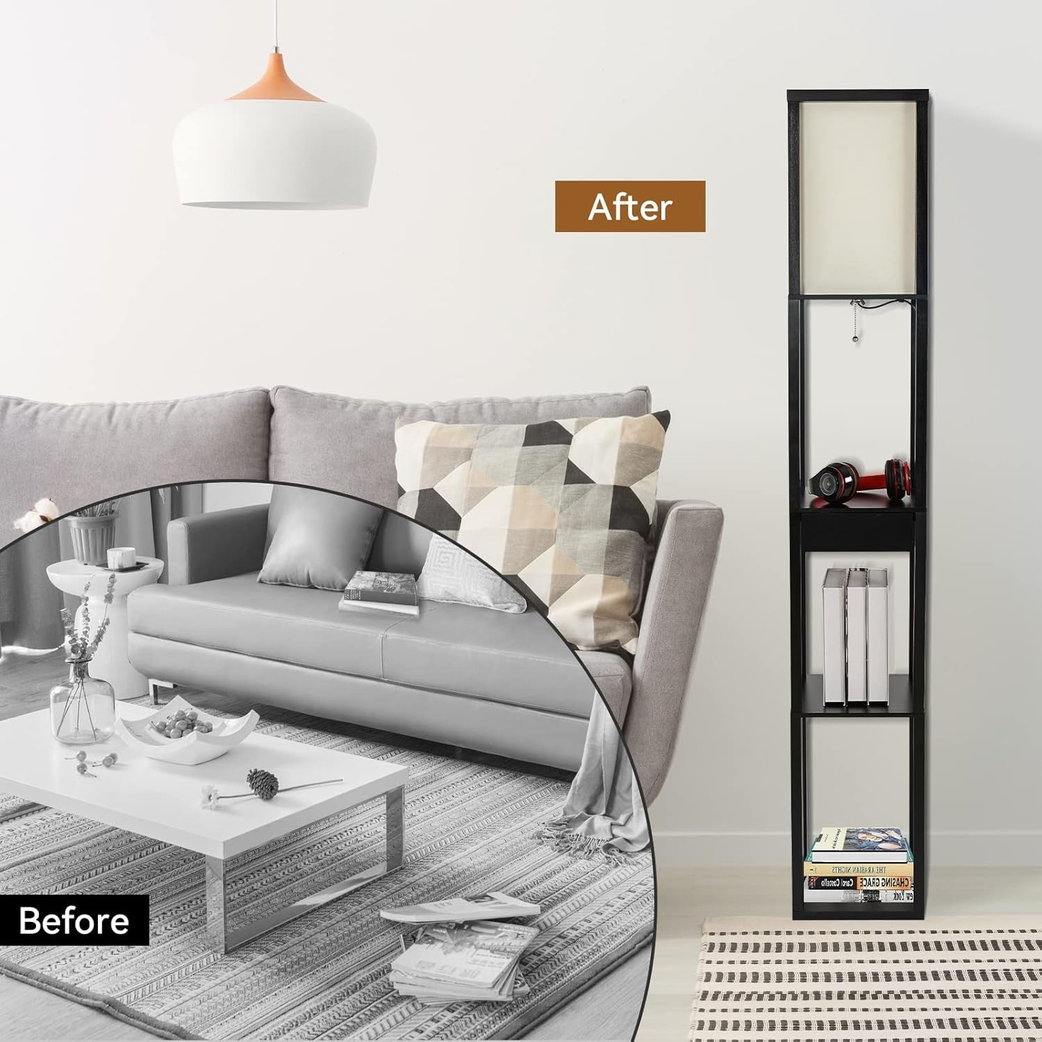 Floor Lamp with Shelves USB Charging Drawer Modern Reading Light Black