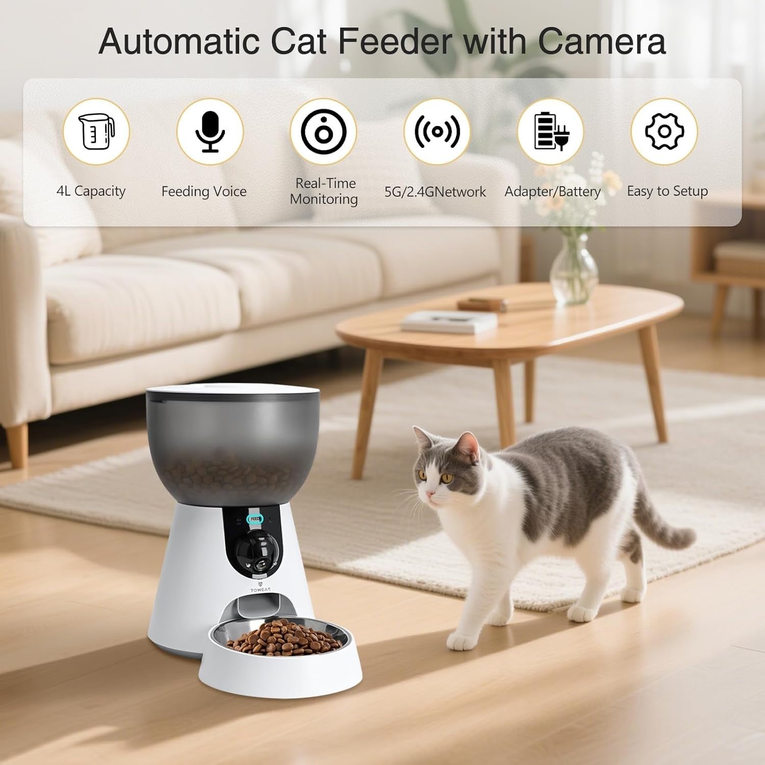 Smart Cat Feeder with Camera WiFi App Control 4L Auto Food Dispenser