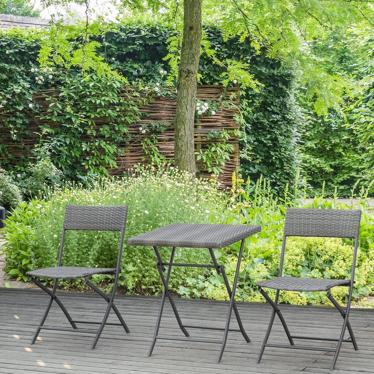 3 Piece Folding Rattan Bistro Set Patio Table Chairs Balcony Garden