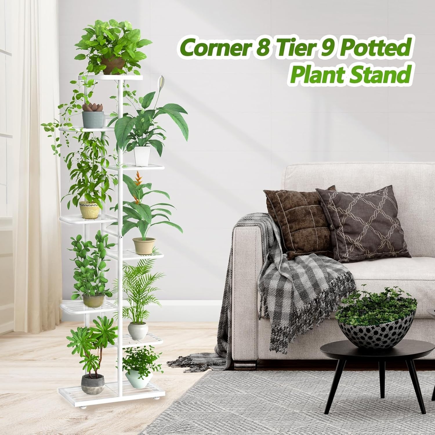 8 Tier White Metal Plant Stand Tall Indoor Outdoor Flower Shelf with Tools Set