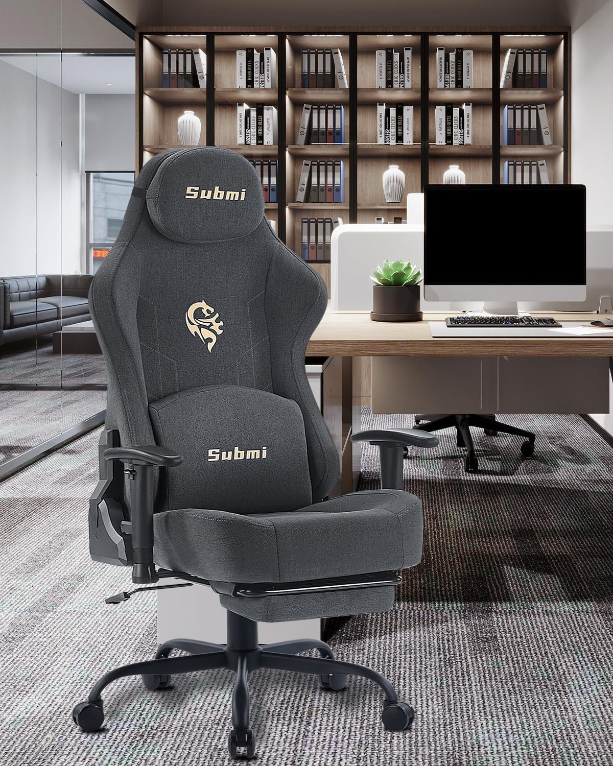 Gaming Chair 165° Recliner w/ Footrest Ergonomic Fabric 350lbs Grey