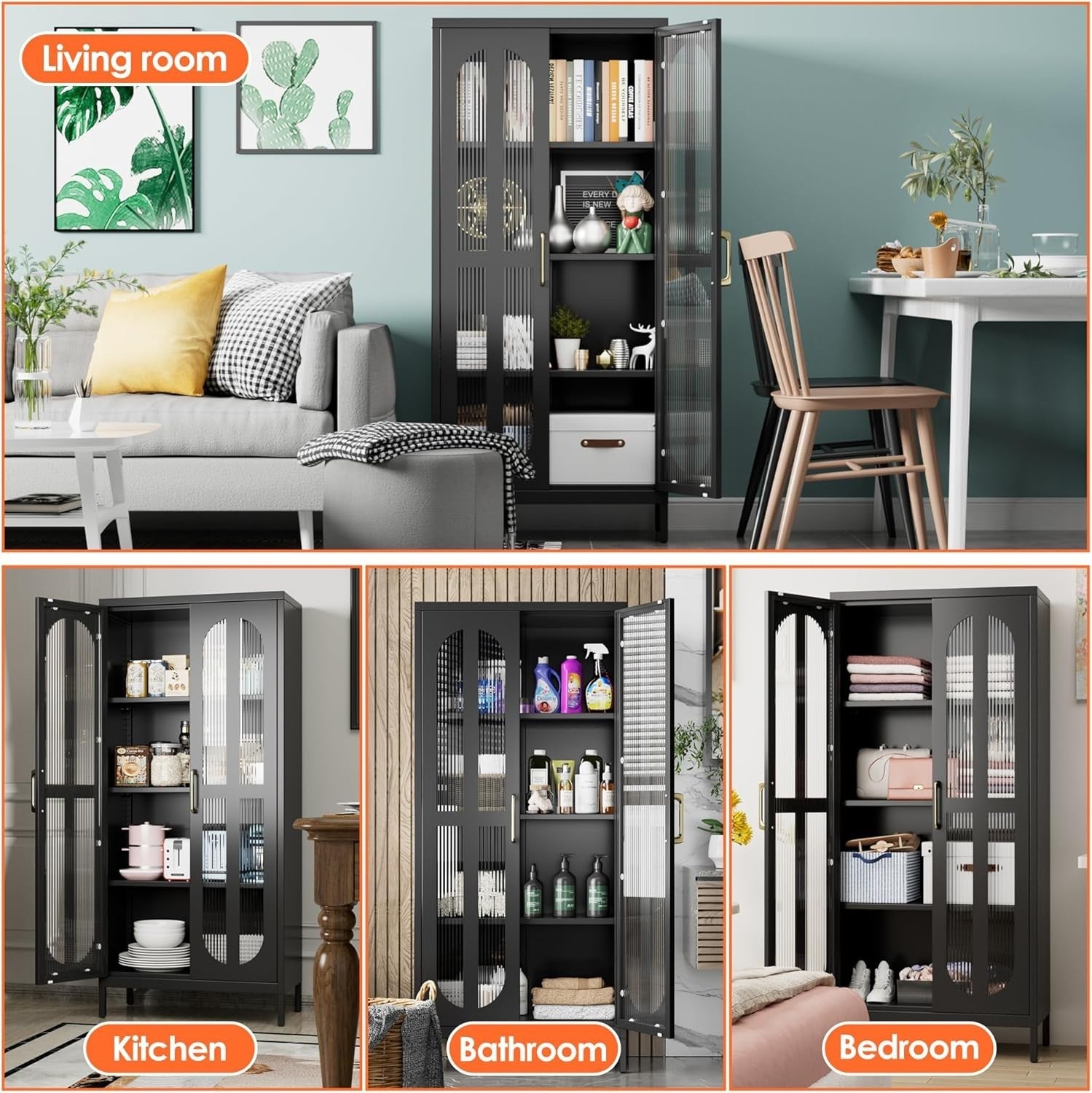 Adjustable 4-Tier Black Metal Storage Cabinet with Glass Doors – 155cm