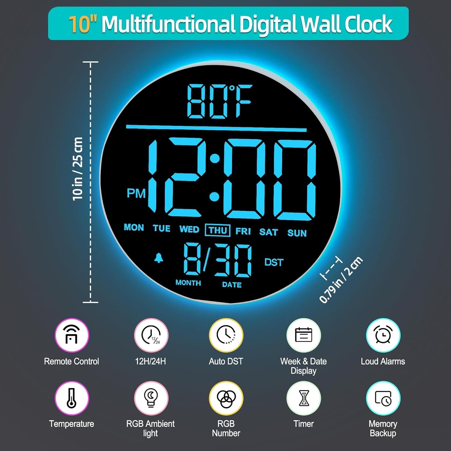 White Blue 10in Large Digital Wall Clock RGB LED Remote Auto Bright