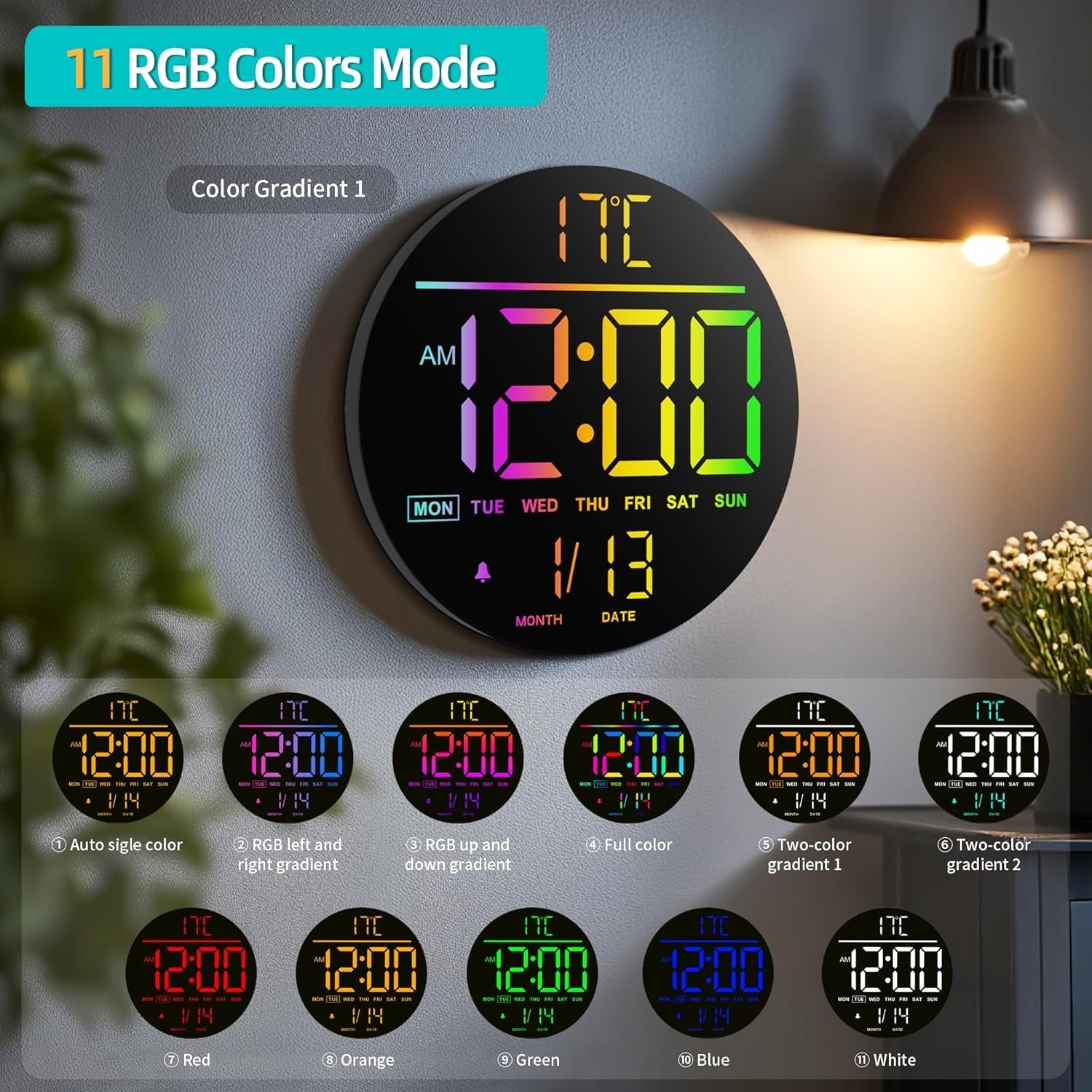 Black 10″ RGB Digital Wall Clock LED Large Display Remote Temperature