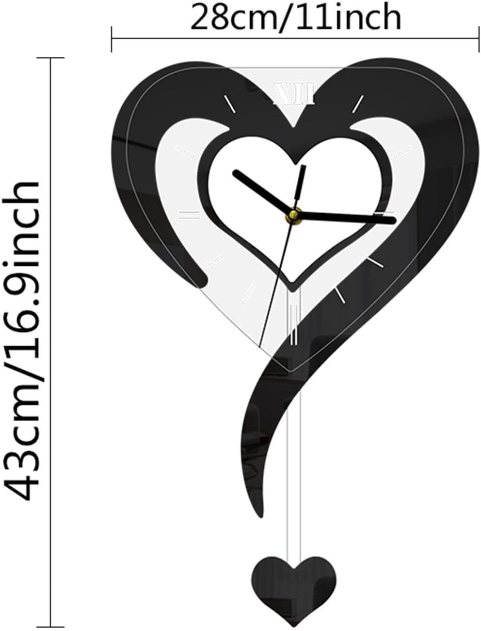 Black Heart Wall Clock Modern Silent Acrylic Hanging Decor for Bedroom Office