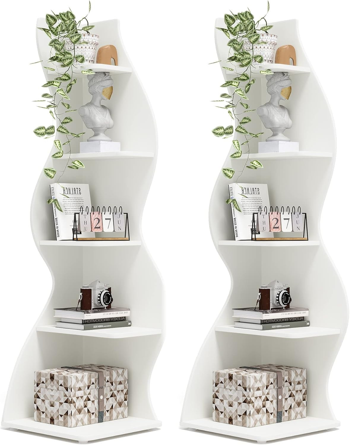 2PC Modern 5-Tier Wave Corner Bookshelf Set – Stylish Wall Display Shelves White